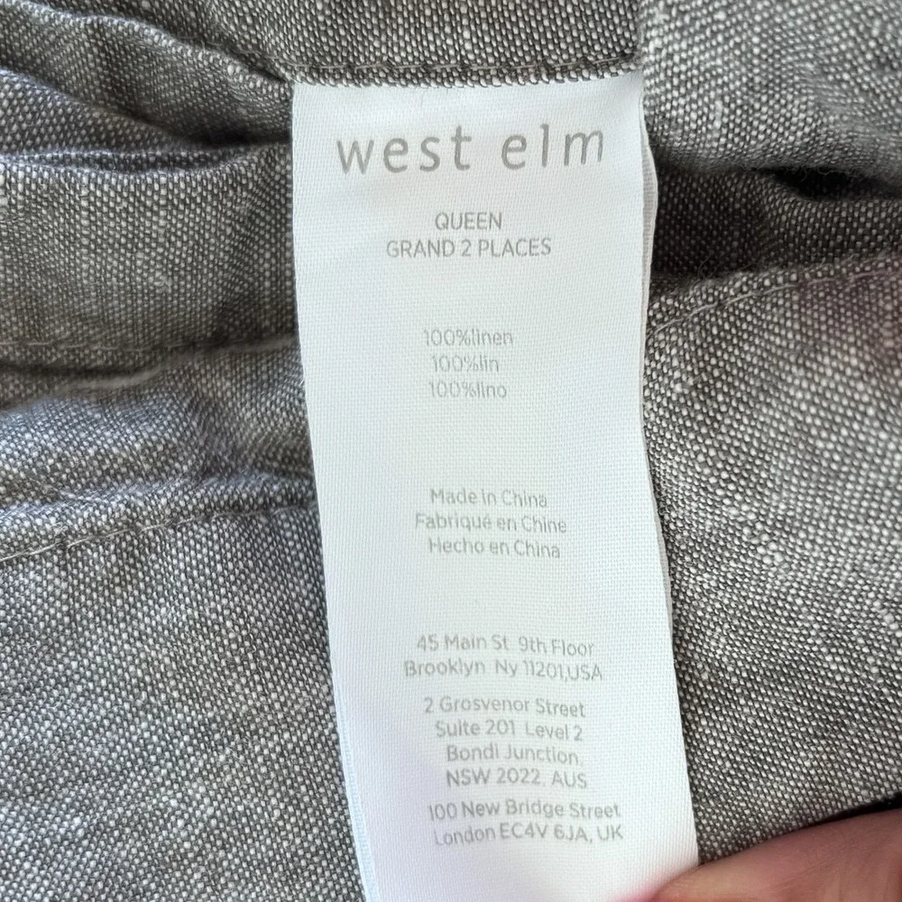 West Elm 100% Linen Sheet Queen Flat 102X90 Gray Stripe Classic Minimalist Bed